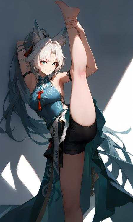 feixiao, open coat, black gloves, half-skirt, double thigh strap, knee boots  feixiao, bare shoulders, arm strapfeixiao, bare shoulders, arm strap, black gloves, half-skirt, double thigh strap, knee boots back tattoo