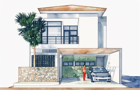 an illustration of a modern house, watercolor inspired, white background, in the style of landscape mastery, minimalist designs, detailed botanic studies, photo-realistic drawings, precisionist lines and shapes,
<lora:Sketch modern house:0.7>