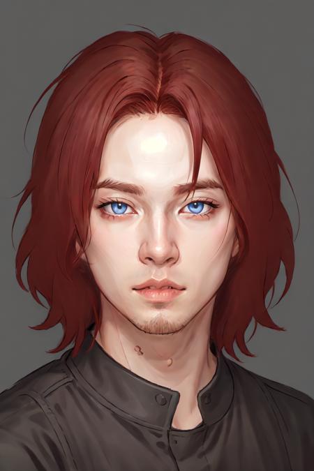 James Reid Ellis-Finn,  solo,  looking at viewer,  blue eyes,  simple background,  1boy,  male focus,  red hair,  lips,  facial hair,  portrait,  realistic, <lora:EMS-51682-EMS:0.500000>