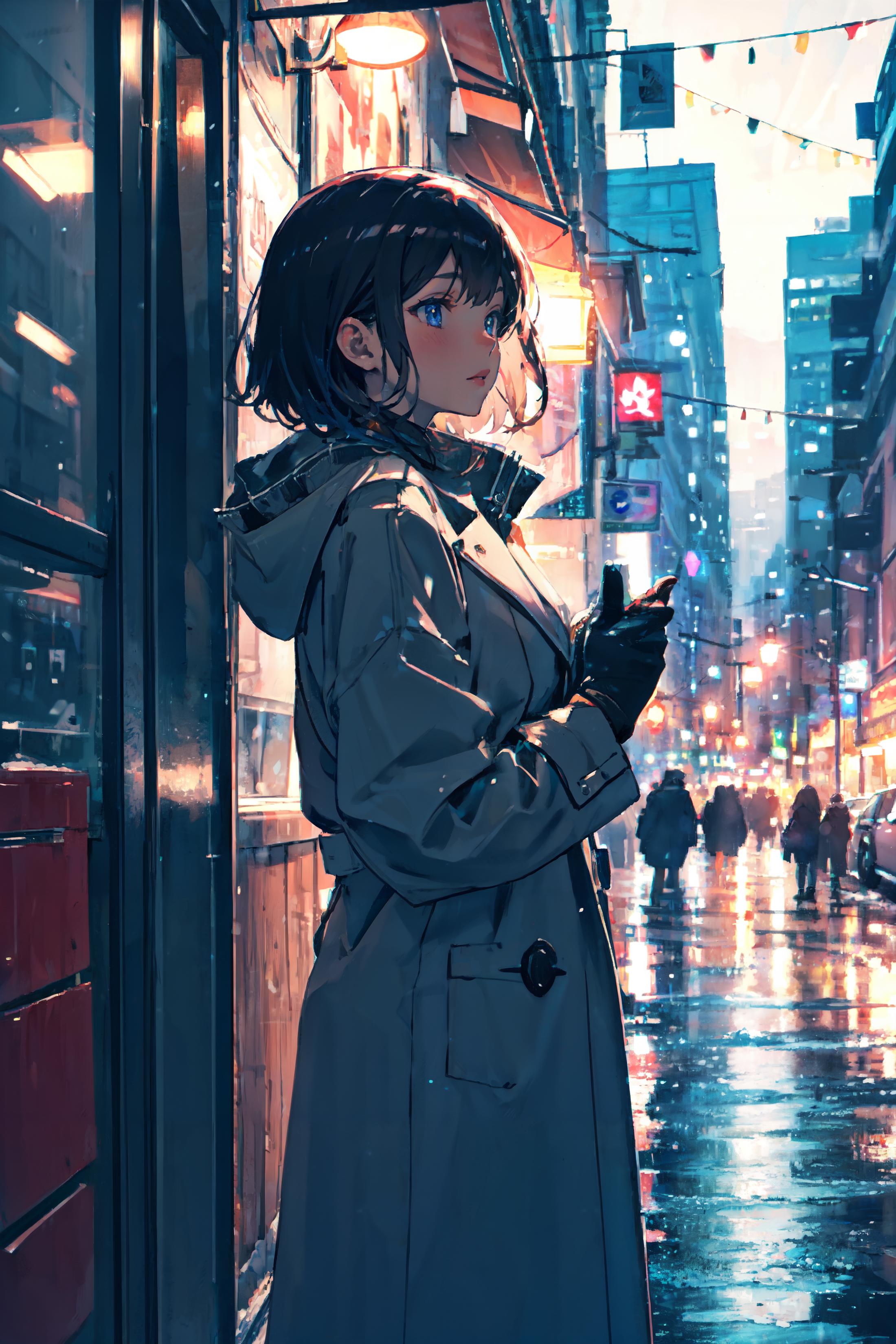 A woman in a white coat standing outside in the city.
