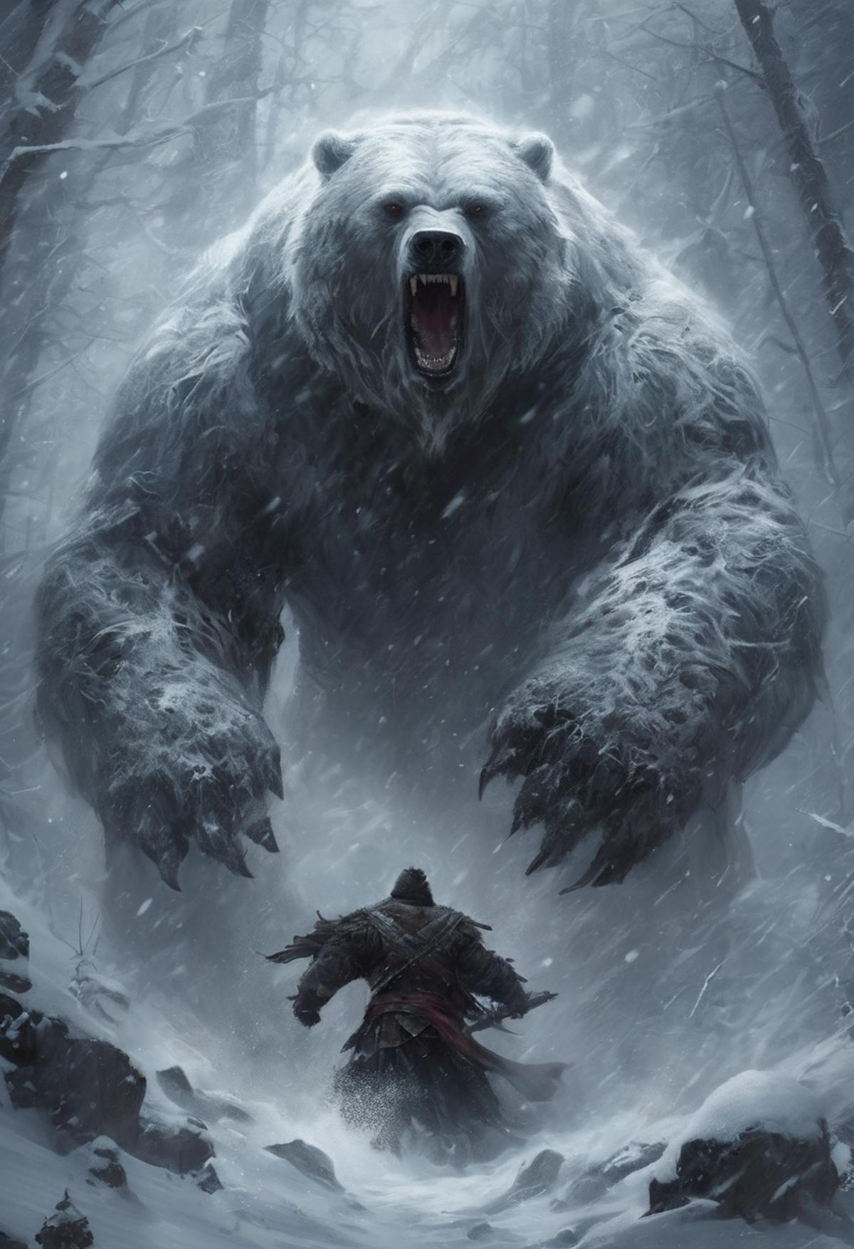 A man is running from a large, angry polar bear in a snowy forest.
