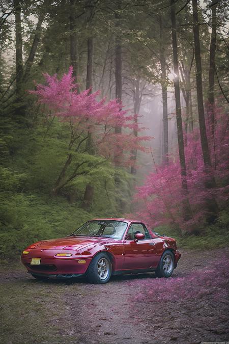 side photo of red MazdaMiata in a foggy forest with pink and purple ambient light, pink fog, high quality photo, lens flare, bokeh, 8k resolution, 1car, gobo lights, warm ambient light, volumetric light, neon lights, depth of field, analog, foggy atmosphere, lens flares, light bloom, portra 800 film,  <lora:MazdaMiatav1:.8>,  <lora:analogdiffusion_Lora300:.2>