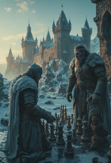 Ice giants playing chess, aurora sky, small medieval city background, masterpiece, fantasy, digital art, highly detailed, overall detail, atmospheric lighting, Awash in a haze of light leaks reminiscent of film photography,  awesome background, highly detailed styling,  studio photo, intricate details, highly detailed, cinematic,  <lora:MJ52:0.6>,