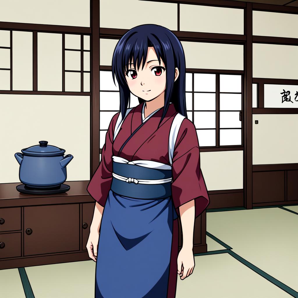 <lora:okamisty_SDXL_v2:0.5>, woman, solo, sash code, tasuki, white_tasuki, maroon_kimono, indigo blue_apron, indoors, aged_up, anime_coloring, tifa lockhart