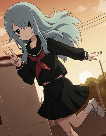 mero furuya, black eyes, blue hair, hair over eyes, sidelocks, long hair, school uniform, serafuku, long sleeves, neckerchief, red neckerchief, skirt, black skirt, pleated skirt, black shirt, black sailor collar, black serafuku,