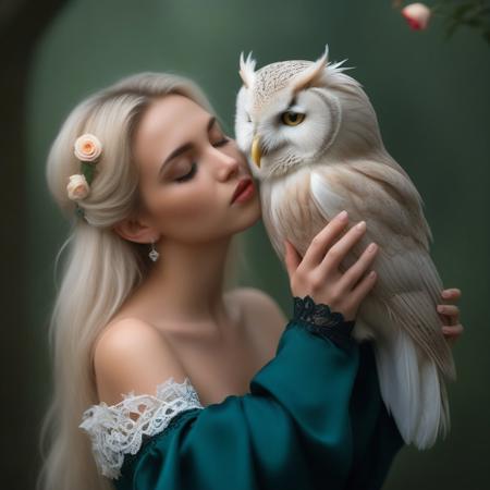 A close-up portrait photograph captures a beautiful young woman and a vibrant owl in an intimate moment. The woman, 
positioned on the right side of the image, 
wears a flowing, 
deep teal gown with puffy sleeves and intricate lace details along the edges of the shoulders and sleeves. Her long platinum blonde hair with a small green heart-shaped accessory. Her serene expression, 
with closed eyes, 
adds to the tranquil atmosphere as she holds a vivid red rose close to her lips. The owl, 
perched on a branch to the left, 
displays brilliant white feathers on its head and body, 
transitioning to peach-color on its tail, 
Its beak is open as it appears to be nibbling gently at the rose petals. The background is softly blurred, 
consisting of dark green hues suggesting a forest setting, 
which enhances the focus on the subjects. The lighting is soft and diffused, 
creating a dreamy, 
ethereal quality to the scene and highlighting the textures of the feathers and the delicate petals of the rose. The overall composition is balanced and intimate, 
with high contrast and saturation emphasizing the vivid colors of the owl and the rose, 
while the shallow depth of field keeps the main subjects in sharp focus against the dreamy, 
blurred background.by Galr Dfh