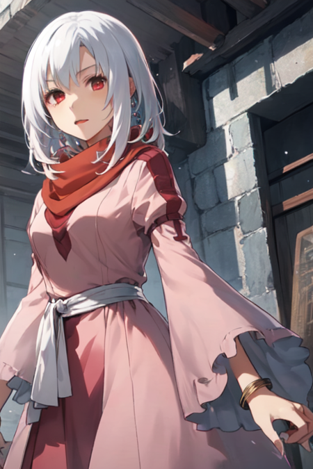 ZirconiaTakarakuji, 1girl, solo, red eyes, long sleeves, dress, jewelry, white hair, scarf, bracelet, pink dress, 