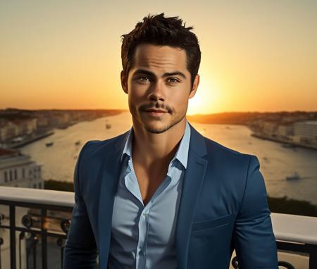 Nautical-themed (Photo:1.3) of (Ultrarealistic:1.3) <lora:Man_Men_FFashion:1> Dylan O'Brien a man <lora:Dylan-O-Brien:0.8> in a blue suit standing on a balcony, handsome man, attractive man, handsome male, sun behind him, inspired by Pablo Munoz Gomez, shot at golden hour, editorial photograph, midshot of a hunky, by Roman Bezpalkiv, by Artur Tarnowski, maxim sukharev, by Gabor Szikszai,Highly Detailed,(Mono Color:1.3) . Sea, ocean, ships, maritime, beach, marine life, highly detailed