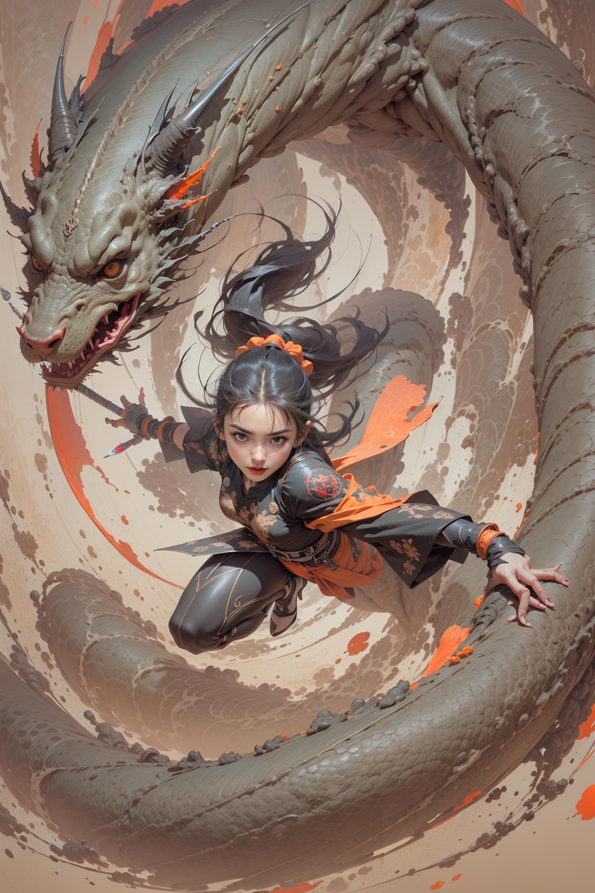 A woman, possibly an anime character, is fighting a dragon in a surreal scene.