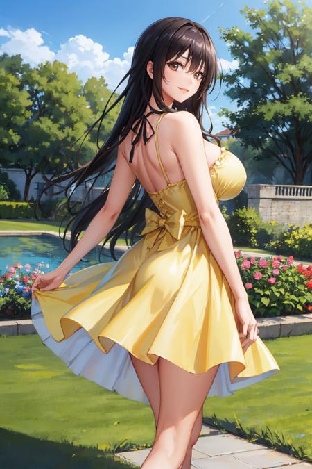 masterpiece, best quality, <lora:kotegawayui-nvwls-v1-000009:0.9> defYui, yellow sundress, from behind, blue sky, garden, looking at viewer, large breasts, smile