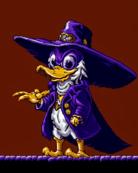 highest quality, highest quality visuals, highest details,, <lora:SNES Demons Crest Style - V4-000006:0.75> Demon's_Crest_Style, SNES, pixel_art, gothic aesthetics,   <lora:darkwing_duck:0.25> drwd, a cartoon duck dressed in a purple coat and hat,