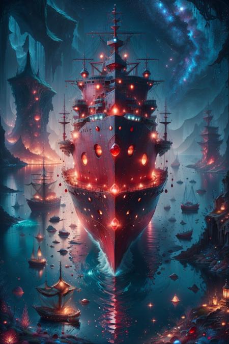 <lora:ruby-gem-style-darquelilly-v2:1> rubygemstyle, no humans, glowing, fantasy, starry sky, architecture, water, ocean, sea, (ship)