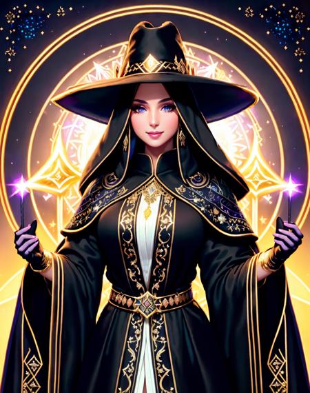 Masterpiece, 4K, highly detailed, magic, fantasy universe, final fantasy xiv black mage, beautiful woman wearing mage_glam, (final fantasy black mage robes and hat, black gloves, beautiful mage robe with superb golden runes embroidery, magical runes:1.2), casting a spell,(upper body closeup:1.3), smiling at the viewer, dark haired black mage, extreme amount of detail, analog style, magical glowing colors, symmetric, centered, closeup, feminine, athletic, fit, narrow waist, high, contrasted colors, realistic body proportions, realistic, photo-realistic, 8k, highly detailed, led light, laser lights,fruit-flavored,anatomically correct, symmetrical anatomy, high fantasy castle background, pixies, (caftan, black fabric,embroidery, belt with white embroidery, woman wearing the caftan:1.2)
 <lora:Oriental_Mage:0.45>