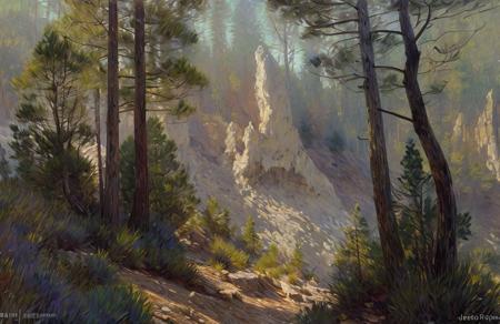 (impressionism:1.1), Cliff/Bluff, pine forest, (jeremy mann:0.8), scene painting,scenery,a painting, salt flat,