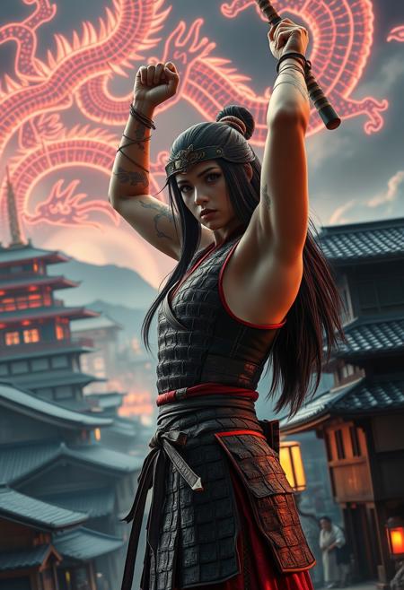 Cinematic shot. Masterpiece, professional, award-winning, hyperdetailed, 8k resolution, ultrarealistic, realistic depiction of the Japanese Edo period. The main background features traditional Japanese architecture, including samurai castles and wooden houses with tiled roofs, bathed in a neon afterglow. In the sky, a detailed electric dragon pattern creates a striking secondary background. The scene is viewed isometrically, with digital constructs subtly integrated. A Japanese girl in sleeveless samurai armor stands in the foreground, muscular, big biceps, hot, sexy, beautiful, angry, long hair, yazuka tattoos, ((torso shot)), arms raised, holding weapon, exuding a powerful presence. Inspired by Alphonse Mucha, the image highlights feminine elegance and intricate detail, capturing the wonder of the scene. absurdres. Pheonix. colorful. wallpaper. huge filesize. RAW photo.