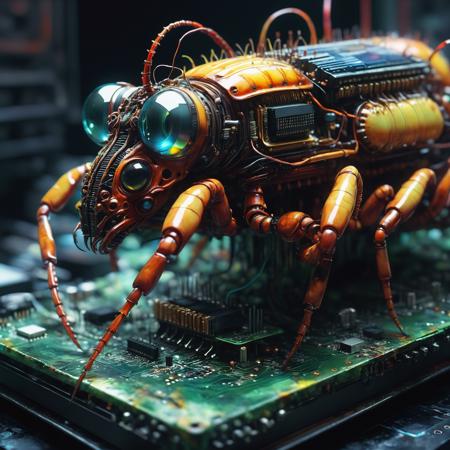 centipede made out of electronics and pc parts, mainboard, gpu, cpu, circuit, electronic resistor, condesator, whimsical photorealism, amazing depth, fantasy concept art, impressionist watercolor paint by Geoffroy Thoorens, James Christensen,  Russ Mills, intricate, cinematic lighting, highly detailed, smooth, sharp focus, perfect balanced style, amazing depth, complementary colors, sci-fi style, hyperdetailed, dark light, sinister masterwork by head of prompt engineering  <lora:SDXLFaeTastic2400:0.8>