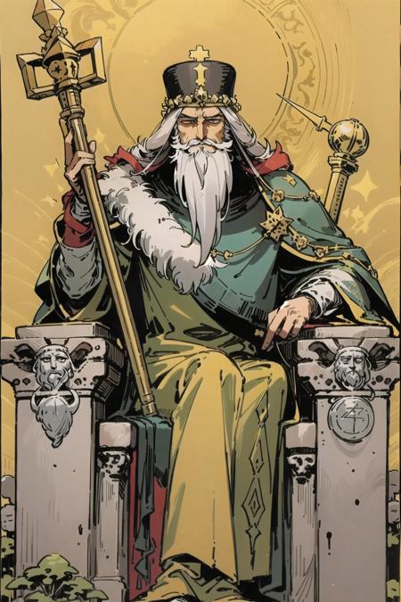 <lora:Tarotv0.2:0.9>, tarot card, the emperor, man, beard, stone throne, crown, scepter