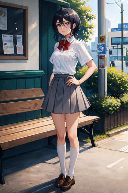 masterpiece, best quality, <lora:rukia-nvwls-v1-000010:0.9> kuchikirukia, bowtie, white shirt, short sleeves, grey skirt, school, outdoors, trees, bench, emotionless, hands to hips, looking at viewer, city street, cityscape