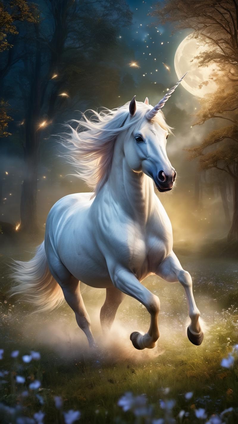 A white unicorn with a blue mane and a flowing tail running through a forest at night.