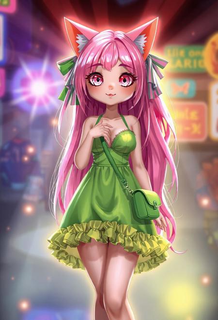 Realistic anime. 3d Pixar , Cat girl with neon pink hair that reaches the floor, sparkling pale pink eyes, voluptious, big boobs, wearing a short, slutty, green sundress with a ridiculous amount of frilly ruffles on the hem, cleavage, cute face, ribbons in hair, green Mary Jane shoes, green cross body purse,  glow, god rays, ethereal, dreamy, heavenly, otherworldly, dream-like, breathtaking, captivating, divine, Bioluminescent, realistic 3d, hd 4k 8k high definition best quality