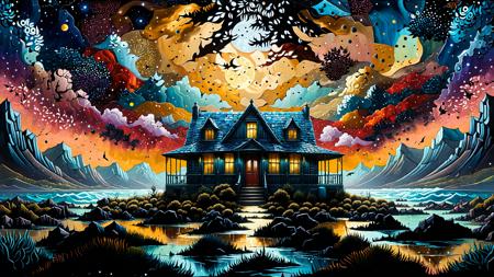 fine art, oil painting, best quality, dark tales, Cape Town in the  Van Gogh  style, starry sky, Dan Mumford, Andy Kehoe, 2d, flat, cute, adorable, vintage, art on a cracked paper, patchwork, stained glass,  fairytale, storybook detailed illustration, cinematic, ultra highly detailed, tiny details, beautiful details, mystical, luminism, vibrant colors, complex background, house <lora:Dark_Particles_Style_SDXL:1>