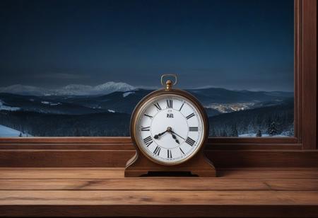 Vintage clock on a wooden table with a winter night view seen from the window .
by VasK