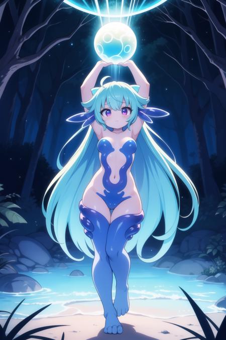 masterpiece, best quality, ultra detailed, anime style, in the depths of an alien jungle, a tentacled monster girl with bioluminescent skin unleashes her telepathic powers, creating a telekinetic dance among the strange flora. The vibrant alien landscape pulses with her psychic energy