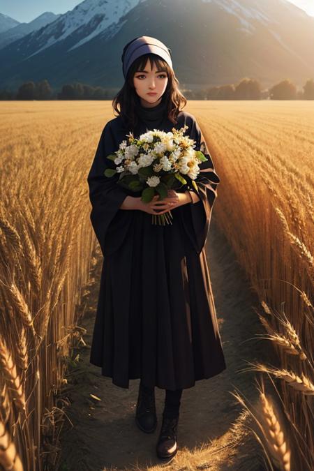 (Soft Lighting Photography by Mimoza Veliu and Mario Giacomelli:1.2), NSFW, full body,  score_9, score_8_up, score_8, ,tomie kawakami, 1girl, (huge natural breasts:0.5), short brunette messy hair, Dark skin, happy, Holding the dead man head, (Shirt), headscarf, gothic clothing, ears of wheat, blood on clothes , in a golden wheat field, distant mountains, outdoors, detailed background, epic feel, alluring, by Minjae Lee, Carne Griffiths, Emily Kell, Steve McCurry, Geoffroy Thoorens, Aaron Horkey, Jordan Grimmer, Greg Rutkowski, amazing depth, double exposure, surreal, geometric patterns, intricately detailed, bokeh, perfect balanced, deep fine borders, artistic photorealism , smooth,