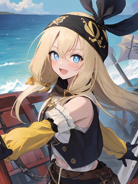 masterpiece,best quality,highres,cinematic lighting,dramatic angle,<lora:ShadowverseDeepSeaScoutV1-000036:0.8>,head scarf,pirate,blue eyes,star-shaped pupils,fangs,:d,blush,bare shoulders,vest,white shirt,detached sleeves,gloves,holding flag,yellow legwear,black shorts,sheath,belt,on boat,ocean