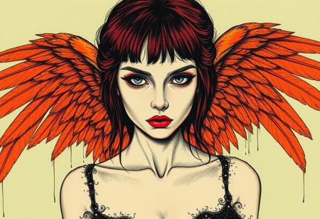 “A hauntingly beautiful fallen angel rendered in masterful ink technique on textured sepia paper, every stroke meticulously detailed with photorealistic precision. Her intense blue eyes pierce directly through the viewer, framed by soft burgundy hair with delicate bangs and smoldering dark eyeshadow. Deep crimson lips contrast against her ethereal features, while a modern crop-top adds an urban edge to her otherworldly presence. Magnificent orange-feathered wings spread behind her, each feather individually detailed with intricate ink work, while dramatic directional lighting casts compelling shadows across her form. The piece combines ethereal linework, gothic sensibilities, and detailed ink mastery, with ink splashes and drips adding organic texture to the composition while maintaining photorealistic precision in the central figure. Background is pastel green.”