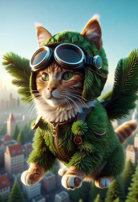fir needle style, (made out of fir needles:1.3), flying cute small airplane, cat sit on, wear round goggles, wear animal ears helmet, flying above city, cinematic, cinematic lighting, (masterpiece, best quality:1.4), ultra-high res, 4k, Photorealistic, insanely detailed, sfw,