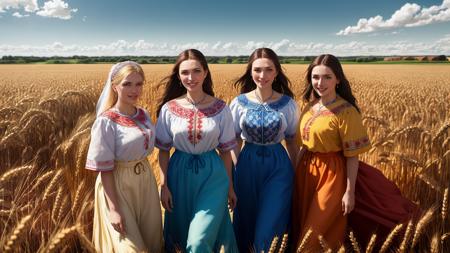 highest quality, 16k, raw photo, photorealistic, historical photograph, intricate, wide angle, centered horizon, full body, (detailed face, detailed eyes:1.2), a mixed group of women and men dressed in traditional ukrainian vyshyvanka outfit, smiling, wheat field, vibrant blue sky, cinematic, volumetric lighting <lora:vyshyvanka:1>