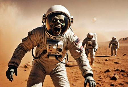 Attack of the zombie-astronaut: 1zombie-astronaut (on-the-background,mouth opened showing teeth, dirty suit ripped)  attacks 1man(on-the-foreground,beautiful,good, healthy, normal, frightened, screaming).  Horror movie by Richard Corben. On the surface of Mars sand storm