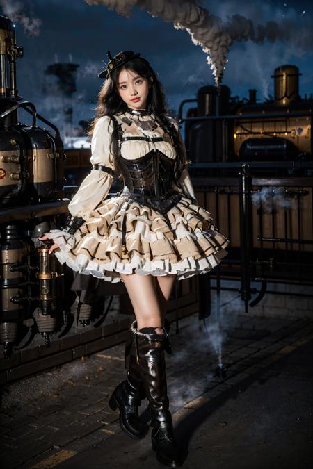 cyb dress, steampunk, layered dress, frilled dress, frills, corset, long sleeves, hat, knee boots