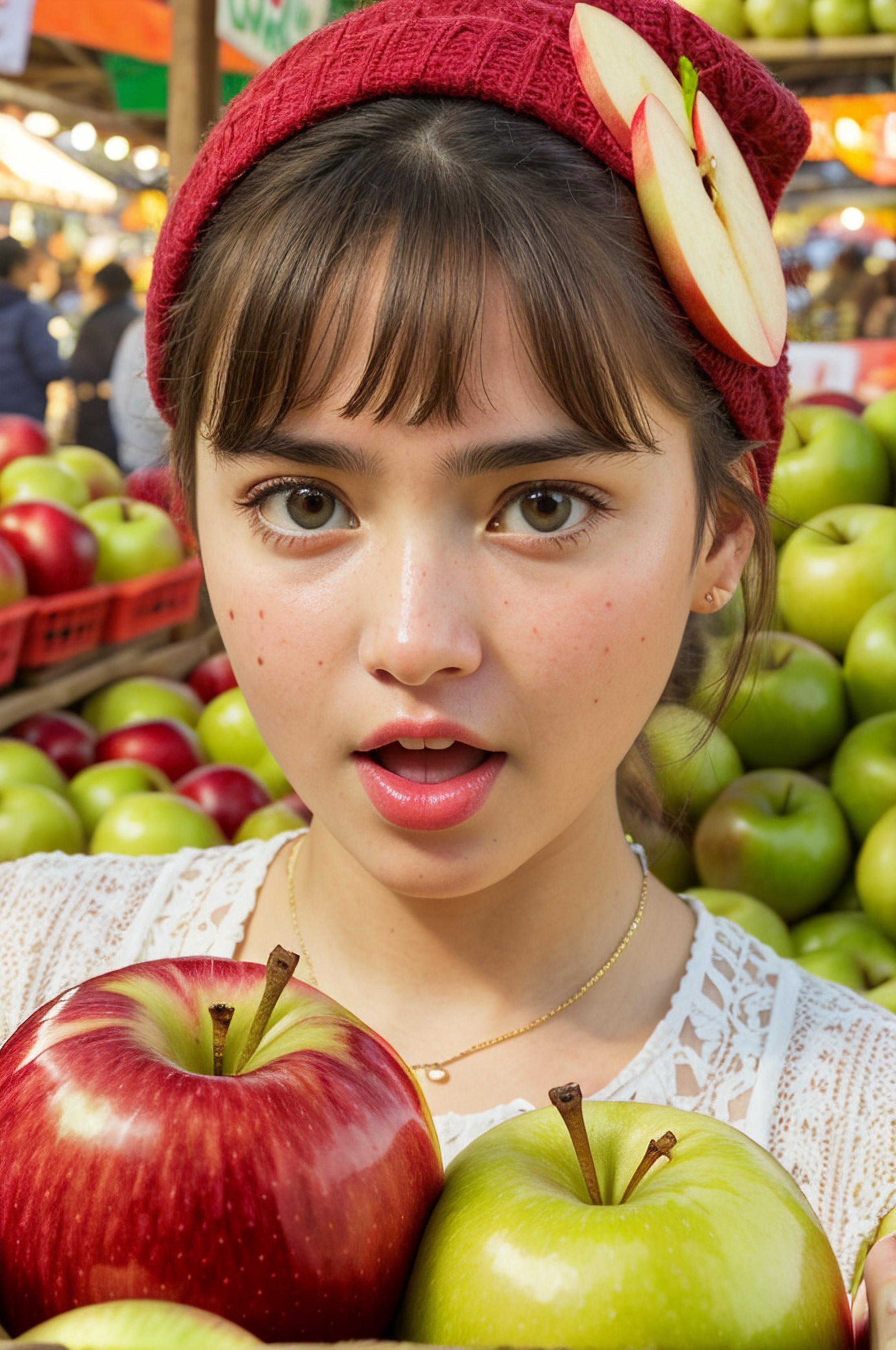A person with apples for eyes, surprised expression, in a fruit market, cartoon style