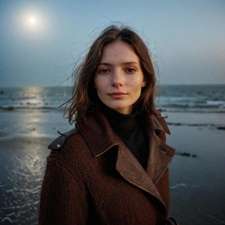 A beautiful 35mm photo of a 30 year old Dutch woman, polaroid photo style, ((turtleneck sweater)), ((leather trenchcoat)), ((full body:1.2)), polaroid film style, she has a comely face, shy smile, in love, pale skin, very dark eyes, chocolate brown hair, straight hair, 70's fringe, beautiful mouth, long face, narrow chin, freckles on nose, birthmarks on stomach, she is slim, natural tits, perfectly shaped tits, pubic hair, ultra realistic, extremely detailed, highly detailed eyes, realistic eyes, highly detailed skin, realistic skin, on the beach at the Dutch coastline, foggy 
cloudy, beautiful lighting, soft natural light, night, dark, moonlight, moon, starry night, perfect light, Rembrandt style light, 8k resolution, masterpiece, 35mm,Camera="Hasselblad X1D 50c", Lens="Hasselblad XCD 90 mm f/3.2 ", "Aperture-of=f/2.8", "ISO=100", film grain, (ultra high res:1.2),(photo-realistic:1.3) (skin pores:1.1)