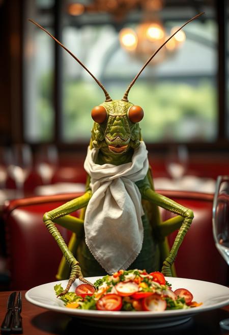 Portrait of a giant grasshopper wearing a napkin around the neck sitting at a restaurant in front of a plate of luxurious salad
