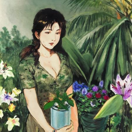 1girl, bamboo, bangs, bicycle, bodysuit, bottle, branch, breasts, brown_eyes, brown_hair, cactus, cleavage, clothes_writing, collarbone, eyebrows_visible_through_hair, falling_leaves, fingerless_gloves, flower, flower_pot, gloves, grass, hair_between_eyes, holding_bottle, ivy, jungle, leaf, leaf_background, leaves_in_wind, lily_\(flower\), lily_of_the_valley, long_hair, looking_at_viewer, medium_breasts, morning_glory, palm_leaf, palm_tree, parted_lips, plant, potted_plant, shirt, sidelocks, solo, spring_onion, sweat, tanabata, tanzaku, tree, tulip, vegetable, vines, water_bottle, watering_can  <lora:Bai_Bohua:1>, masterpiece, best quality,