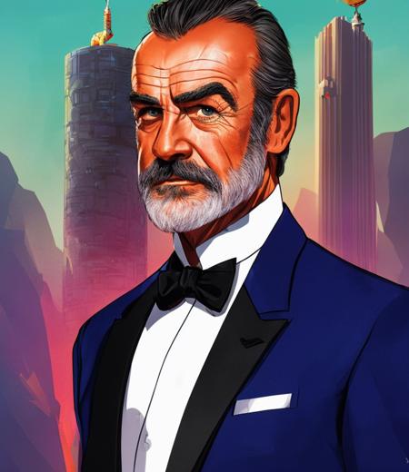 illustration of (young Sean Connery:1.1) wearing a (tuxedo:1.1) (with a tower in the background:1.3), ruggedly handsome, (detailed face:1.1), masterpiece, character portrait, key art, art by cardstyle15