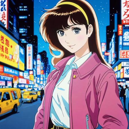 (double exposure:1.3),
Anime, best quality, 1girl, city pop, night, neon light, looking at another, upper body, vector illustration, jacket, light smile, blunt bangs, long hair
anime by Osamu Tezuka, 80s, 
(film still, image still),

complex stuff background, 