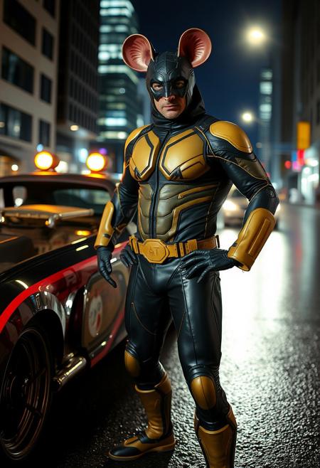 Superhero Ratman, a man wearing a rubber bulletproof futuristic bodysuit posing next to his Ratmobile, upper face covered with rat resembling mask, Ratham city in the night, wet asphalt, dramatic light