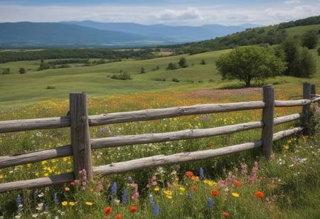"A rustic wooden fence with a weathered finish, surrounded by colorful wildflowers, set against a backdrop of a serene countryside landscape."