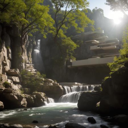 ((A photography showcase of Fallingwater, the iconic architecture by Frank Lloyd Wright located in Mill Run, Pennsylvania. Through the lens of Ansel Adams, using a 35mm lens,The color temperature exudes a cool blueish tint. No facial expressions as the primary focus is on the structure. Ambient light from the sun provides a gentle glow to the scene, casting soft shadows. The atmosphere is serene and timeless)),
Dive into the world of Photography that captures the essence of Frank Lloyd Wright's modern "Frank Lloyd Wright's modern style villa" with a focus on the architectural marvel of Fallingwater. Through a 35mm lens,witness the structure in intense clarity and sharpness. The image has a warm color temperature that highlights the building's iconic cascading forms. No facial expressions are present as the image focuses solely on architecture. The lighting is natural,with the sun casting soft shadows on the structure,giving depth and texture. The atmosphere feels serene and untouched by time,
A modern house seamlessly integrates natural elements into its design. featuring a balcony adorned with lush greenery and a front yard that blends nature with the environment. Soft ambient lighting casts a warm and welcoming glow. Channeling the spirit of renowned architect Frank Lloyd Wright,this design showcases his signature organic architectural style. The medium for this artwork is an architectural blueprint rendered in high-definition 3D graphics,emphasizing every detail of the design. The color scheme mainly consists of earthy tones and various shades of green,enhancing the connection to nature,