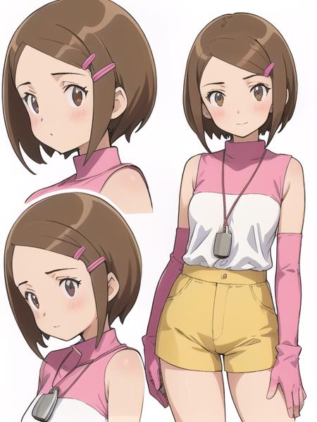 best quality, masterpiece, highres, detailed, digital illustration,  <lora:Detail - add_detail:0.2>, HikariDigi02, brown hair, 1girl, yellow shorts, pink and white top, pink gloves, hair clip, whistle, character design, white background,  <lora:Character - HikariDigi02:0.9>