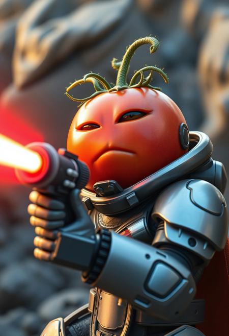 an elder tomato in futuristic armor shooting a laser canon, cute, scene from a science fiction movie