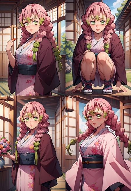 Mitsurujiuni, kanroji mitsuri, long hair, hair between eyes, pink hair, twin braids, green eyes, mole under eye, medium breasts,  Mitsurujiuni, kanroji mitsuri, long hair, hair between eyes, pink hair, twin braids, green eyes, mole under eye, medium breasts, haori,  demon slayer uniform, collared shirt, partially unbuttoned, black skirt, miniskirt, green thighhighs,  Mitsurujionz, kanroji mitsuri, long hair, hair between eyes, pink hair, twin braids, green eyes, mole under eye, medium breasts, black jacket,  japanese clothes, haori, pink kimono, sash,  obi,  floral print, yukata, 