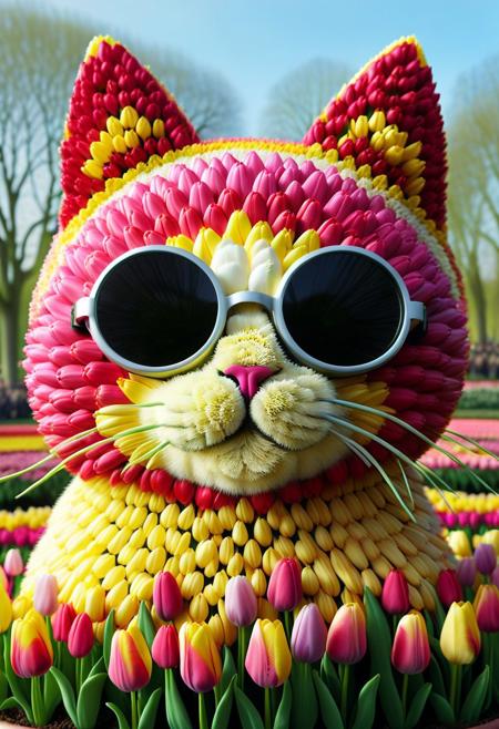 (made of tulips:1.3), extreme closeup cat face, wear round goggles, wear animal ears tulips helmet, on flowerpot, in park, from front, jaynl-tm, Tulip texture, cinematic, cinematic lighting, (masterpiece, best quality:1.4), ultra-high res, 4k, insanely detailed, sfw,