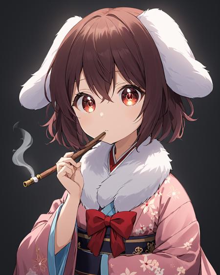 inaba tewi,1girl, solo, holding, red_bowtie, wide_sleeves, looking_at_viewer, fur_collar, simple_background, smoking_pipe, alternate_costume, kimono, long_sleeves, rabbit, cowboy_shot, animal, closed_mouth, black_background
<lora:inaba_tewi_image5751_2023-12-14-000008:1>,star-shaped_pupils,symbol-shaped_pupils,. gorgeous,key visual, vibrant, studio anime,award-winning, professional, highly detailed,high budget, cinemascope