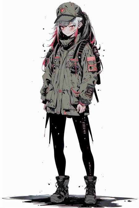 <lora:TheWalkingDead:1>, 1girl, virtual youtuber, hat, solo, split-color hair, multicolored hair, long hair, boots, pantyhose, full body, black hair, dress, two-tone hair, black footwear, looking at viewer, streaked hair, cross-laced footwear, white background, bow, simple background, grey hair, long sleeves, smile, pink hair, standing, closed mouth, black bow, red hair, lace-up boots, red eyes, blush, armband, bangs, black pantyhose, hair bow, military hat, uniform, peaked cap