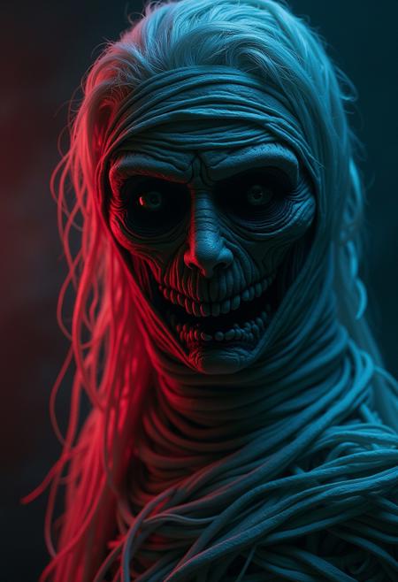 Create a stunning hybrid creature of Mummy and Futakuchi-onna, with intricate details, dynamic lighting, and a cinematic atmosphere. Combine the ancient, bandaged appearance of a mummy with the eerie, long-haired, two-mouthed features of Futakuchi-onna. Utilize vibrant colors and dramatic lighting to enhance the visual impact. This image should be a captivating blend of horror and beauty, with a focus on precise anatomy and attention to detail.
